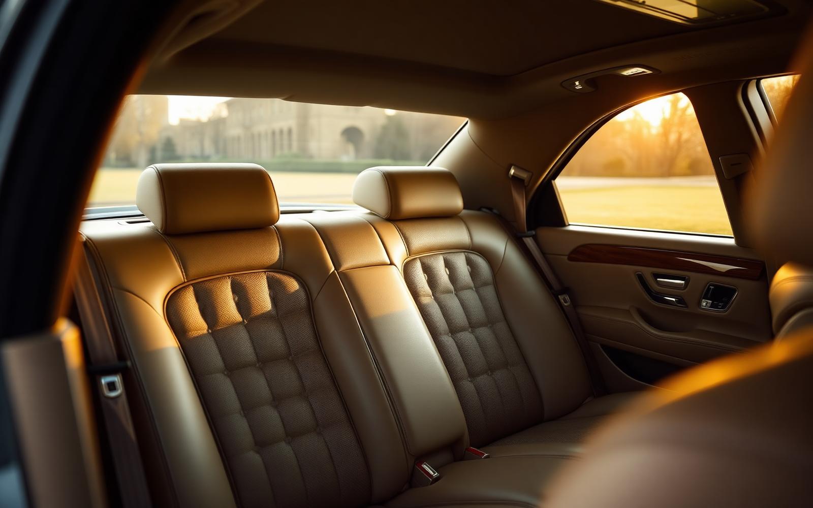 Beige leather and teak wood interior of the Mercedes S500